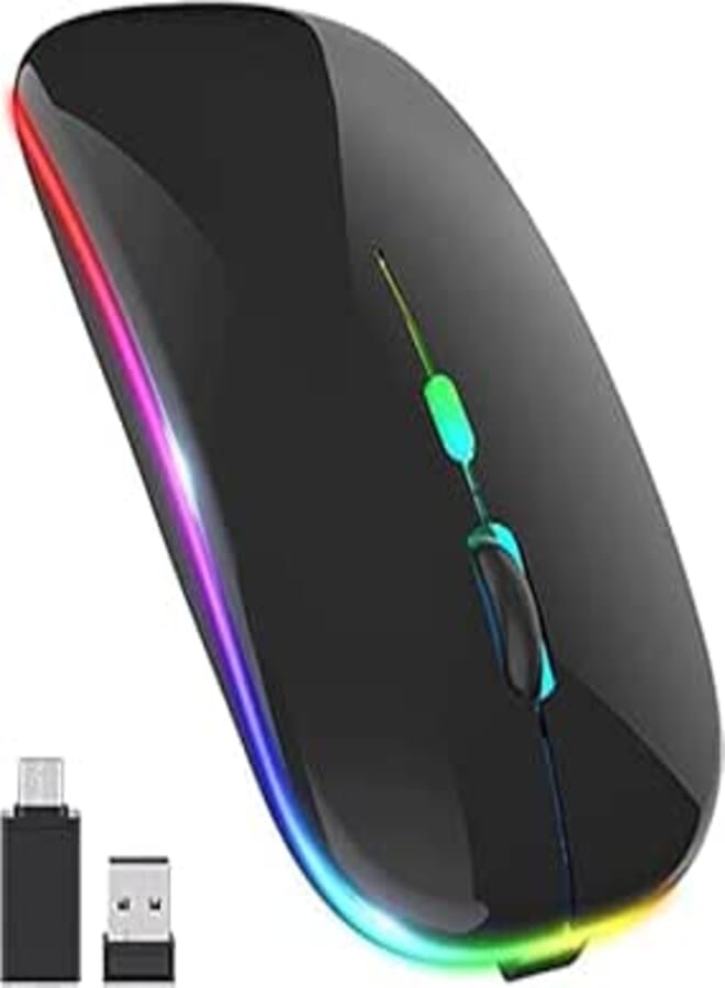 Minos LED Wireless Mouse, Rechargeable Slim Silent 2.4G Portable Mobile Optical Office Mouse with USB & Type-c Receiver, 3 Adjustable DPI for Notebook, PC, Laptop, Computer, Desktop (Black)